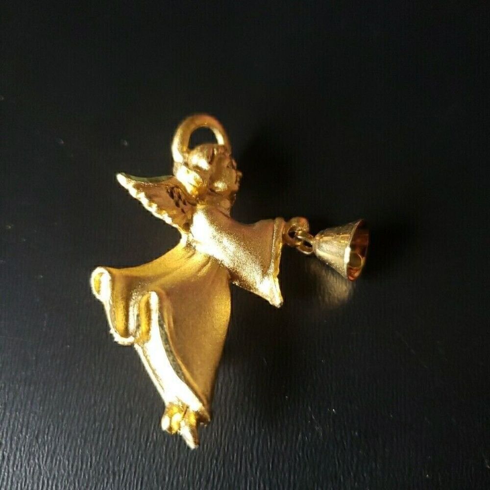 Vintage Gold tone Angel Brooch Halo and Bell 1.5 nch Signed C.C.